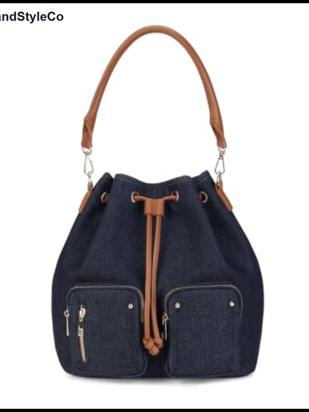 Denim Bucket Bag Vegan Leather Convertible Backpack Handbag Drawstring
